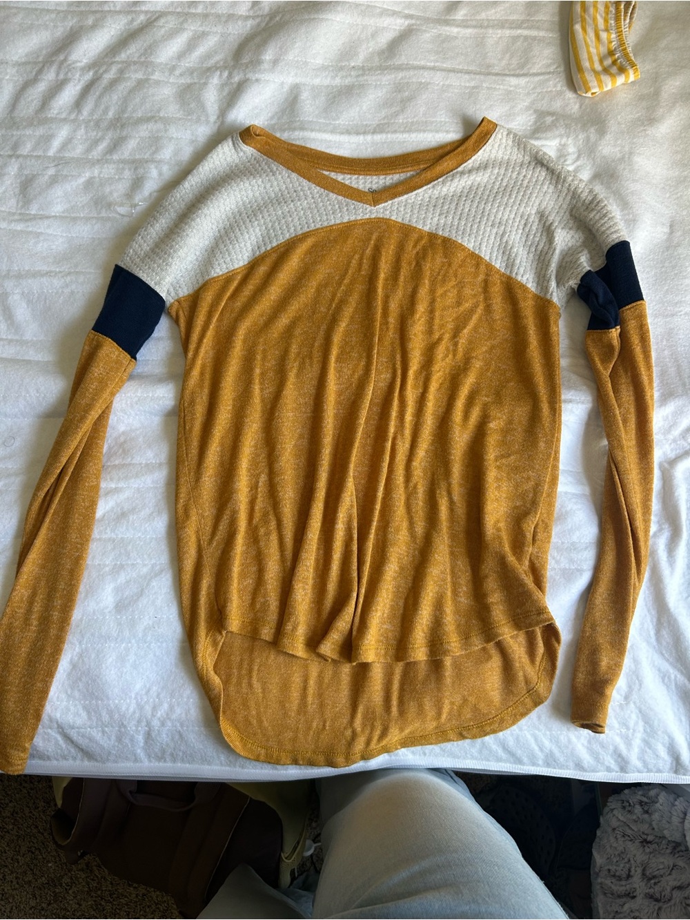 SO Mustard, White & Navy Colorblock Long-Sleeve Tee